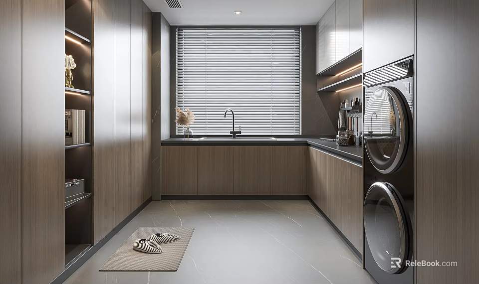 Modern Long Kitchen Interior With Wooden Cabinets Sink Blinds Washing Machine Dryer And Floor Mat 3d model 