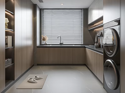 Modern Long Kitchen Interior With Wooden Cabinets Sink Blinds Washing Machine Dryer And Floor Mat 3d model