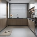 Modern Long Kitchen Interior With Wooden Cabinets Sink Blinds Washing Machine Dryer And Floor Mat