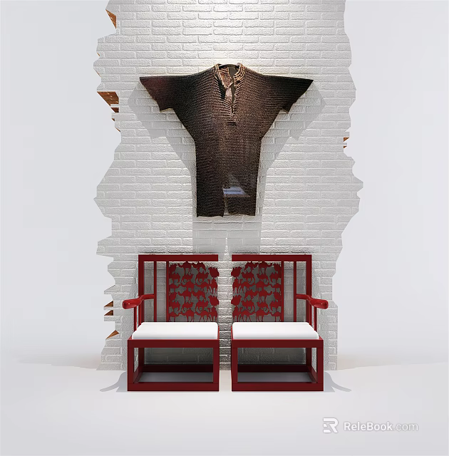 Two Red Frame Leisure Chairs With Red Patterned Backrest White Cushions Against White Brick Wall 3d model 