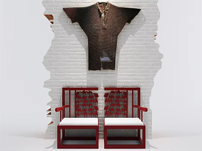 Two Red Frame Leisure Chairs With Red Patterned Backrest White Cushions Against White Brick Wall 3d model