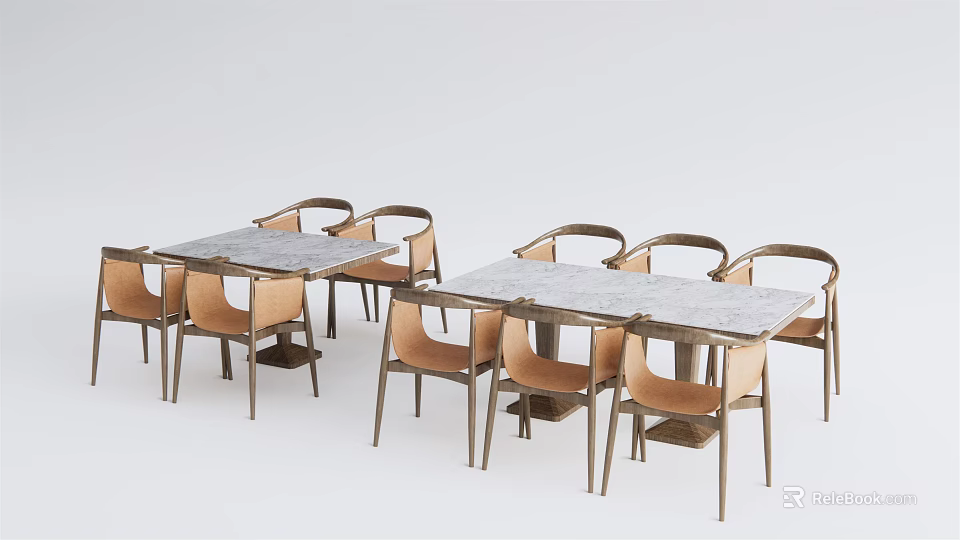 Elegant Dining Table Set With Marble Tabletop And Wooden Upholstered Chairs 3d model