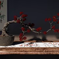 Bonsai Tree With Red Berries in Stone Pot on Wooden Table