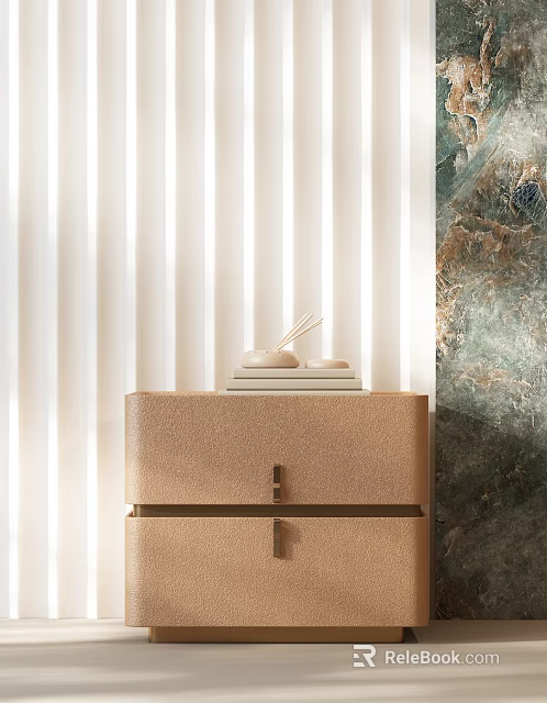 Beige Textured Bedside Table With Stacked Plates And Ceramic Bowls In Interior 3d model 