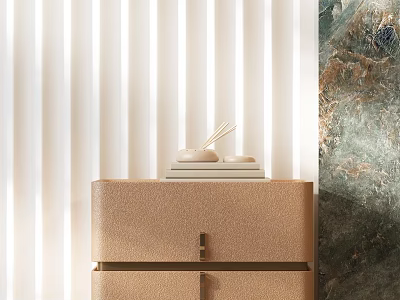 Beige Textured Bedside Table With Stacked Plates And Ceramic Bowls In Interior 3d model