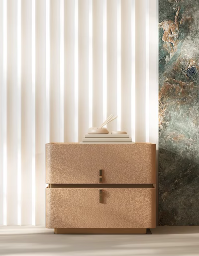 Beige Textured Bedside Table With Stacked Plates And Ceramic Bowls In Interior 3d model