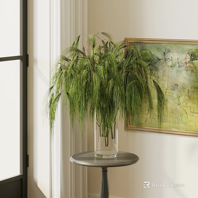Transparent Vase With Green Cascading Plants On Round Metal Table In Room 3d model 