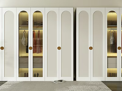 Elegant Modern White Wardrobe With Arched Glass Doors Golden Knobs And Clothes Inside 3d model
