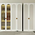 Elegant Modern White Wardrobe With Arched Glass Doors Golden Knobs And Clothes Inside