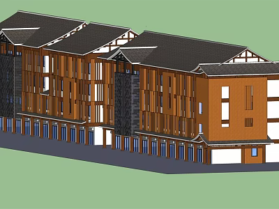 Traditional Style Commercial Complex With Brown Facade And Retail Storefronts 3d model