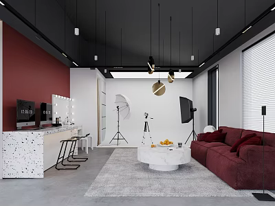 Modern Living Room Interior With Red Sofa White Coffee Table And Photography Gear 3d model