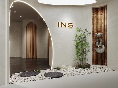 Modern INS Themed Shopping Mall Store with Archway Wooden Panels Bamboo and Pebble Floor 3d model