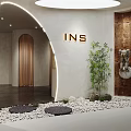 Modern INS Themed Shopping Mall Store with Archway Wooden Panels Bamboo and Pebble Floor