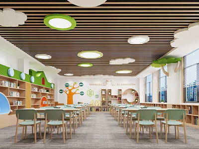 Book Art Themed Bright Children's Library Interior With Colorful Decor Round Lights And Bookshelves 3d model