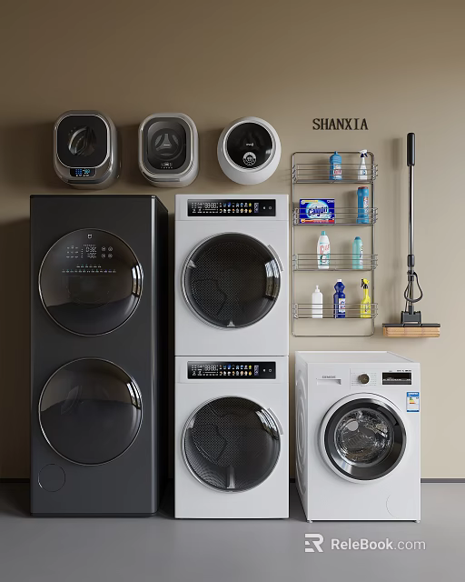 Black and White Front Loading Washing Machines with Stackable Design and Storage Rack for Detergent 3d model