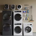 Black and White Front Loading Washing Machines with Stackable Design and Storage Rack for Detergent 3d model