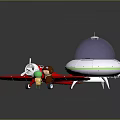 Red Toy Airplane And Silver UFO Model With Miniature Figures On Dark Reflective Surface