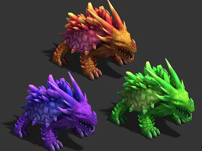 Colorful Spiked Creatures 3D Models Featuring Red Purple Green with Sharp Teeth 3d model