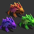 Colorful Spiked Creatures 3D Models Featuring Red Purple Green with Sharp Teeth