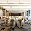Luxury Modern Ballroom with White Chairs Gold Ribbons Round Tables and Crystal Chandeliers