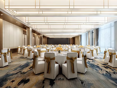 Luxury Modern Ballroom with White Chairs Gold Ribbons Round Tables and Crystal Chandeliers 3d model
