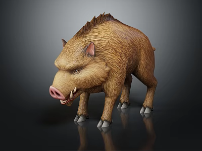 Realistic 3D Model Of Wild Boar With Brown Fur Sharp Tusks And Reflection 3d model
