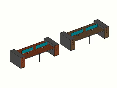 Two Office Desks With Brown Surface Blue Pads And Dark Brown Drawer Cabinets 3d model