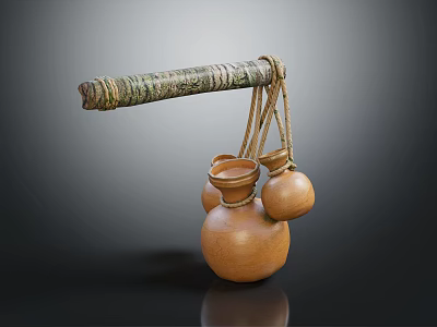 Traditional Hanging Gourd Containers With Textured Pole And Ropes For Daily Life Supplies 3d model