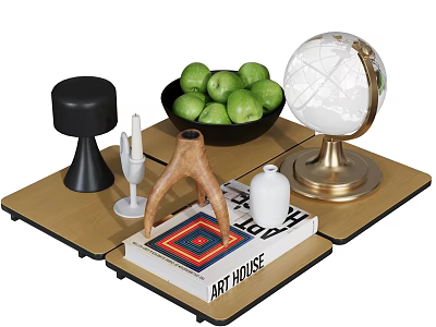 Decorative Ornament Set With Wooden Tray Black Bowl Green Apples Globe And Art House Book 3d model