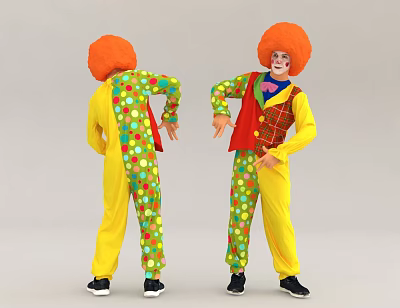 Man Dressed As Clown In Colorful Polka Dot Outfit With Orange Wig 3d model Man Dressed As Clown In Colorful Polka Dot Outfit With Orange Wig 3d model
