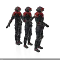 Three Tactical Soldiers In Black Armored Suits With Red Scarves And Helmets