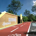 Yellow Circular Patterned Landscape Wall With Arrow Design Along Red Bicycle Lane 3d model