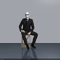 Stylish Mannequin In Black Suit Sitting Near Modern Swing Door