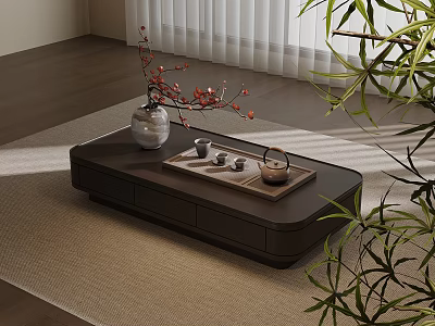 Modern Coffee Table on Mat with Vase Red Branches Tray Teapot Cups and Green Plants 3d model