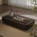 Modern Coffee Table on Mat with Vase Red Branches Tray Teapot Cups and Green Plants