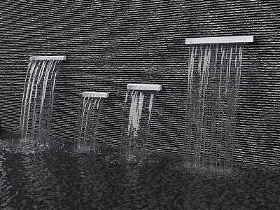 Garden Water Feature With Wall Mounted Horizontal Ledges And Four Flowing Cascades Into Pool 3d model