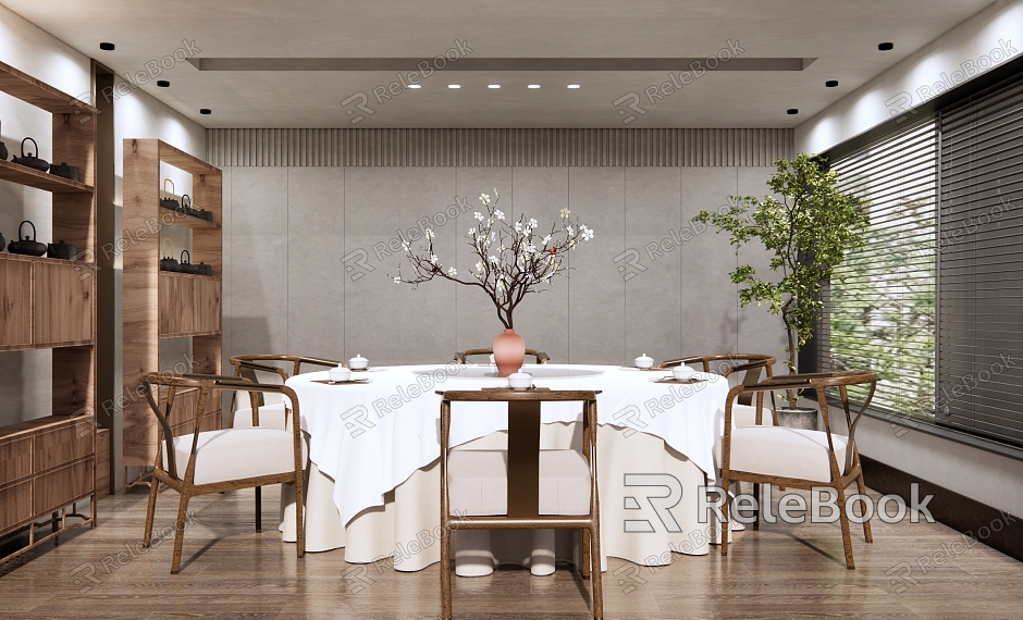 New Chinese-style private room Zen restaurant box hotel dining room round dining table and chair combination indoor potted log cabinet bamboo curtain model