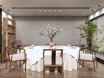 New Chinese-style private room Zen restaurant box hotel dining room round dining table and chair combination indoor potted log cabinet bamboo curtain 3d model