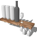 Tableware Set with Glasses Bottle and Hanging Wine Glasses on Wooden Shelf