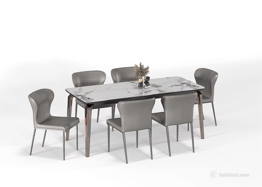 Modern Dining Table Set With Marble Top And Gray Leather Chairs 3d model