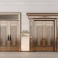 Elegant Double Doors With Carved Designs And Brass Frames On Stone Wall 3d model