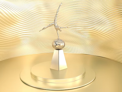 Silver Gymnast Trophy With Sphere Top And Triangular Base On Golden Platform 3d model