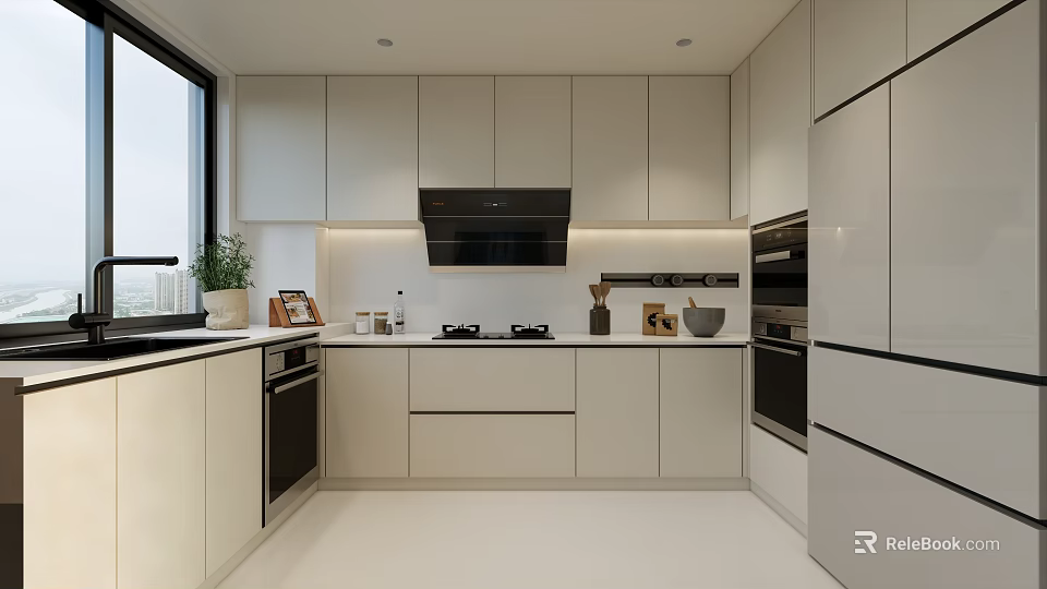 Modern Kitchen Interior Design With White Cabinets Countertop Appliances Window And Plant 3d model 