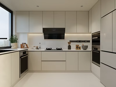 Modern Kitchen Interior Design With White Cabinets Countertop Appliances Window And Plant 3d model