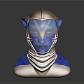Fantasy Creature Sculpture With Blue Face Cat Ears Colorful Neck Rings And Reflective Base