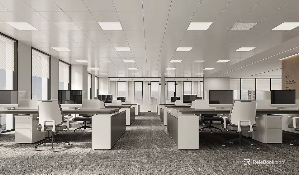 Spacious Modern Office Interior With Desks White Office Chairs Computers Large Windows And Square Lights 3d model