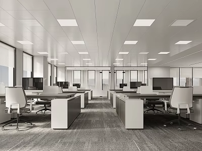 Spacious Modern Office Interior With Desks White Office Chairs Computers Large Windows And Square Lights 3d model