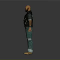 Bald Bearded Male Character Wearing Black Leather Vest Ripped Jeans Yellow Shoes And Tattooed Arms