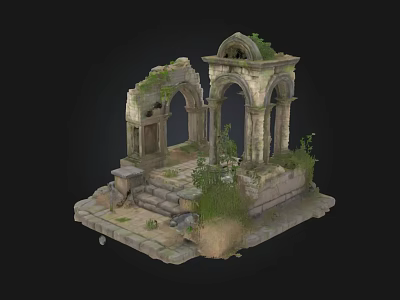Ancient Ruined Stone Structure With Arched Doorways Weathered Steps And Overgrown Vegetation 3d model