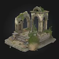 Ancient Ruined Stone Structure With Arched Doorways Weathered Steps And Overgrown Vegetation